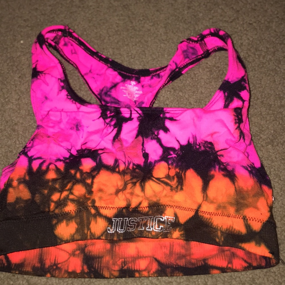 marble pink and orange justice sports bra